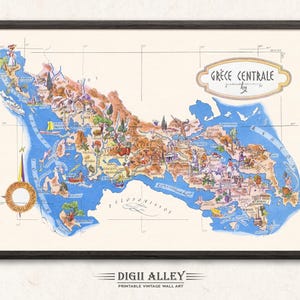 Lustige Karte von Mittelgriechenland - digitaler Download DRUCKBARE Vintage Spaß bildliche Illustration griechische Wand Kunst Dekor Reise Abenteuer Karte