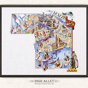 Spaß Karte von Venedig in Italien - Digital Download DRUCKBARE Vintage Bildliche alte Illustration Venezia Italienische Wand Kunst Reise Abenteuer Karte
