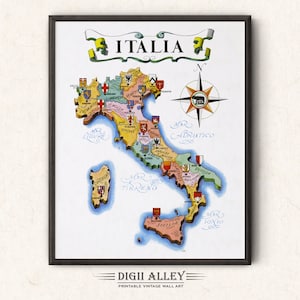 Mapa divertido de Italia Italia – Descarga digital IMPRIMIBLE Ilustración antigua pictórica vintage Arte mural italiano Regalo Mapa de aventuras de viaje