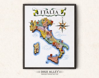 イタリアの楽しい地図 - デジタルダウンロード印刷可能なヴィンテージ