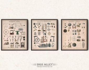 May include: Three vintage educational illustrations in black frames. The illustrations are titled "Mechanical Powers", "Motion and Machinery", and "Properties of Bodies". Each illustration features a variety of scientific diagrams and illustrations.