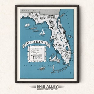 Pictorial Map of Florida – Digital Download PRINTABLE Vintage Fun Old Wall Art Décor Whimsical Cartoon Illustration Gift