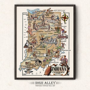 Fun State Map of Indiana – Digital Download PRINTABLE Vintage Pictorial Wall Art Décor Whimsical Cartoon Illustration