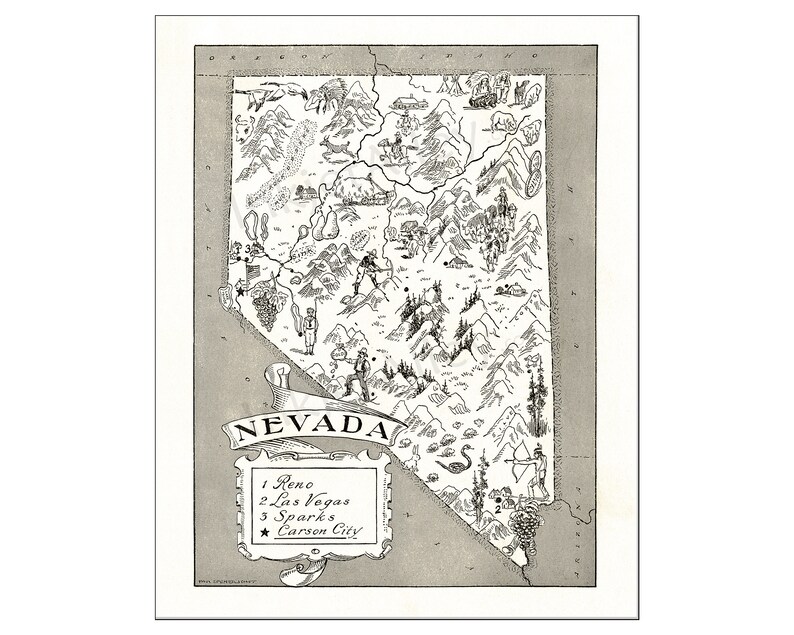 Pictorial State Map of Nevada Digital Download PRINTABLE Vintage Fun ...