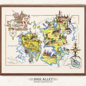 Puede incluir: Una impresión enmarcada de un mapa vintage de las regiones de Fyn y Sjælland, con ilustraciones detalladas de pueblos y lugares emblemáticos. El mapa está en un estilo colorido y dibujado a mano, con una rosa de los vientos y elementos decorativos. El marco es de color marrón oscuro.