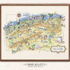 Mapa divertido de Argelia, África del Norte: descarga digital, imprimible, ilustración pictórica vintage, arte mural africano, regalo, mapa de aventuras de viaje.