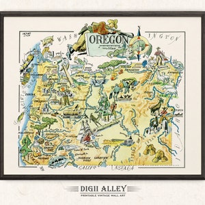 Carte amusante de l'État de l'Oregon - Décoration murale illustrée vintage imprimable en téléchargement numérique, Illustration de dessin animé fantaisiste