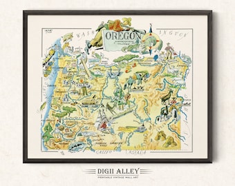 Könnte beinhalten: Eine vintage illustrierte Karte von Oregon mit gelbem Hintergrund und einem Kompass oben rechts. Die Karte ist gefüllt mit kleinen Illustrationen von Sehenswürdigkeiten, Tieren und Menschen. Der Text "Oregon" ist in großer Schrift oben auf der Karte geschrieben.
