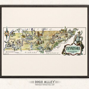 Carte amusante de l'État du Tennessee - Décoration murale illustrée vintage imprimable en téléchargement numérique, Illustration de dessin animé fantaisiste