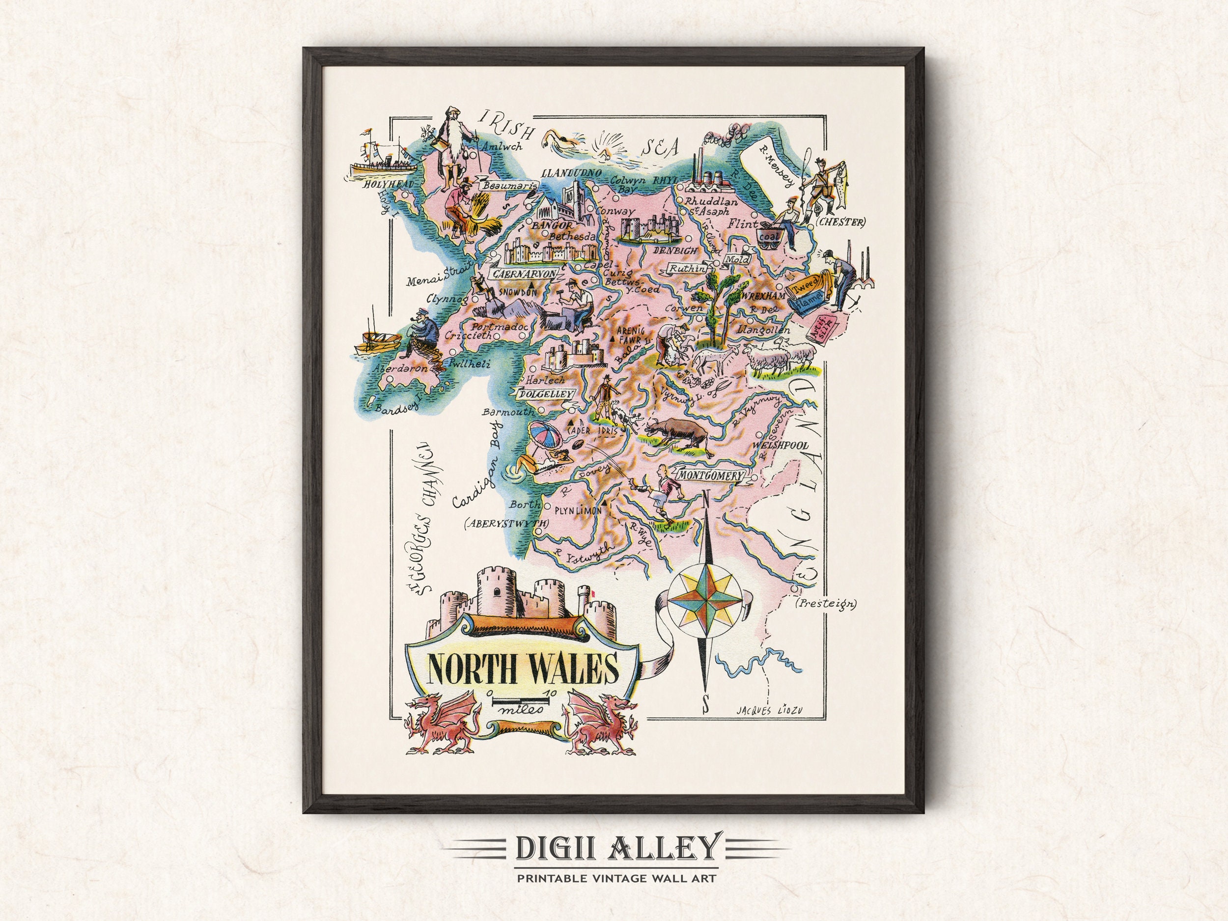 Fun Map of North Wales in Great Britain, England Digital Download ...