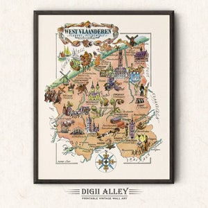 Fun Map of West Vlaanderen, West Flanders – Digital Download PRINTABLE Vintage Wall Art Décor Whimsical Cartoon Illustration Adventure