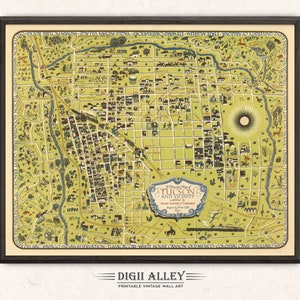 Carte amusante de Tucson en Arizona et ses environs – Décoration murale vintage imprimable en téléchargement numérique, ancienne illustration de dessin animé fantaisiste