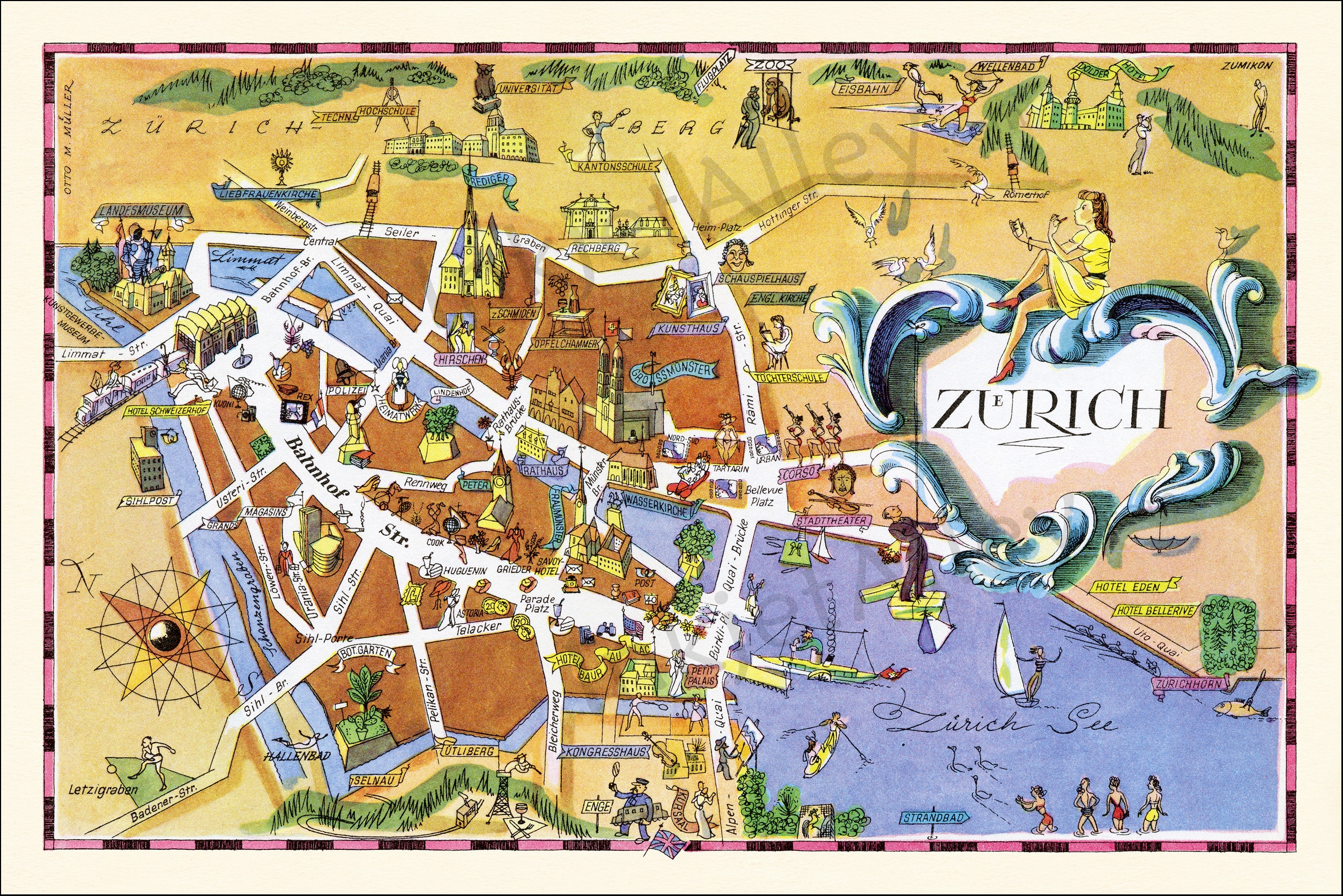 Fun Street Map of Zurich in Switzerland – Digital Download
