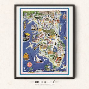 Leuke staatskaart van Florida – digitale download AFDRUKBARE vintage picturale oude illustratie avontuur kunst aan de muur decor cadeau
