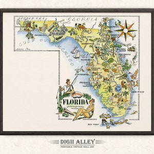 Leuke staatskaart van Florida – digitale download AFDRUKBARE vintage picturale kunst aan de muur decor grillige cartoon afbeelding