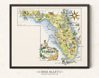 Fun State Map of Florida – Digital Download PRINTABLE Vintage Pictorial Wall Art Décor Whimsical Cartoon Illustration 1940’s by Liozu