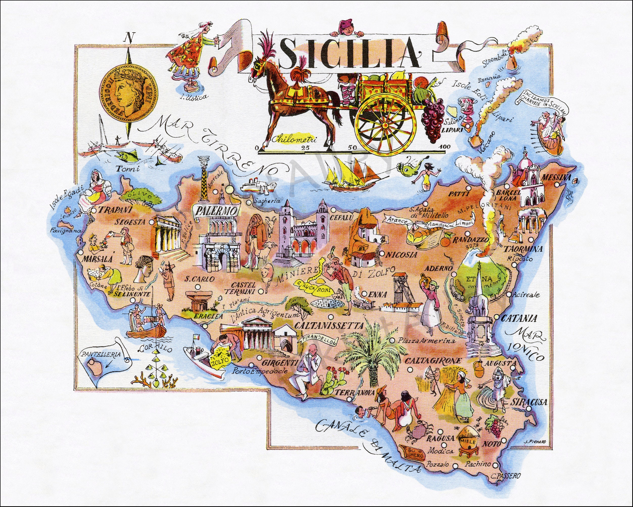 Fun Map of Italy Sicily Sicilia Digital Download PRINTABLE Vintage