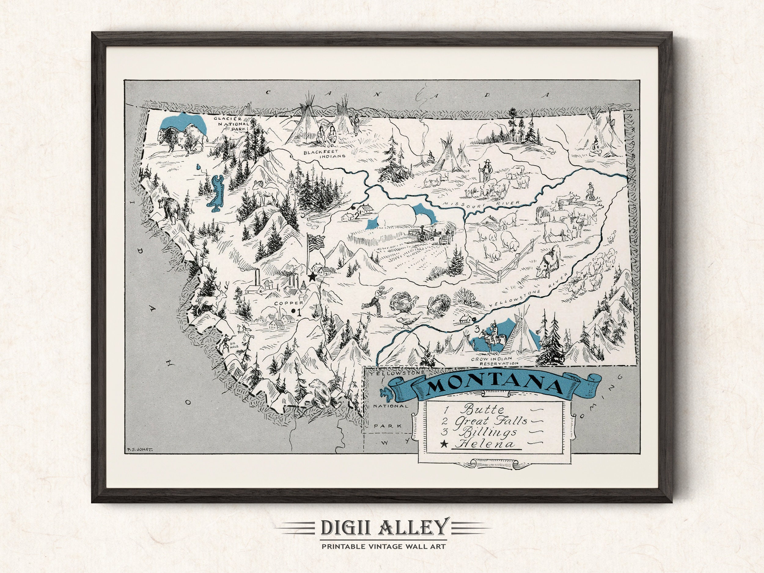 Pictorial Map of Montana – Digital Download PRINTABLE Vintage Fun Old ...