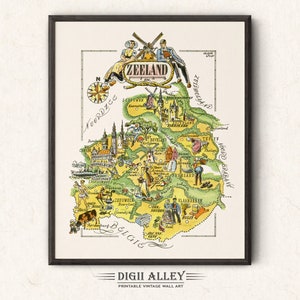 Carte amusante de la Zélande, des Pays-Bas - Art mural vintage imprimable, téléchargement numérique, décoration lunatique, dessin animé, illustration, aventure