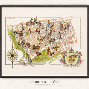 Mapa divertido de Mayfair e Soho na Grã-Bretanha, Inglaterra – Download digital IMPRIMÍVEL Decoração de parede vintage Ilustração Presente de aventura
