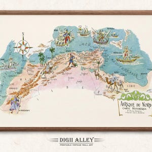 Carte amusante de l'Afrique du Nord historique - téléchargement numérique, impression, image ancienne, vintage, illustration, art mural africain, cadeau, voyage, aventure, carte
