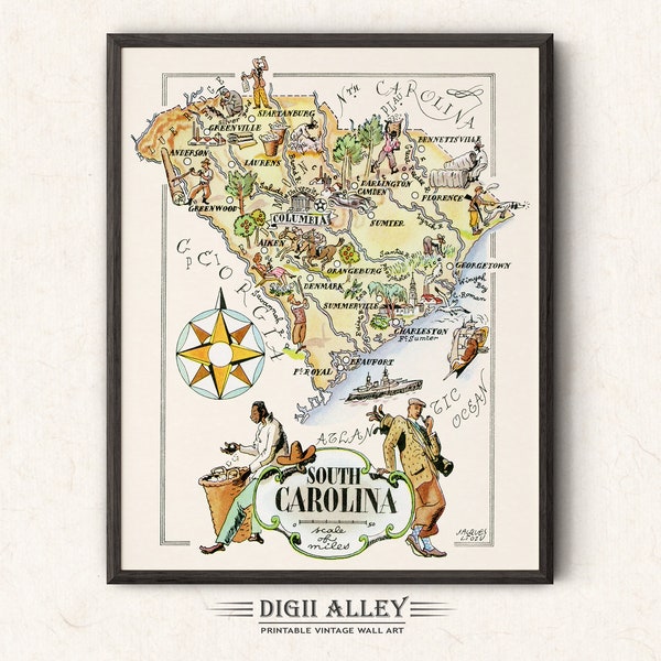Fun State Map of South Carolina – Digital Download PRINTABLE Vintage Pictorial Wall Art Décor Whimsical Cartoon Illustration 1940’s by Liozu