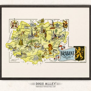 Zabawna mapa Brabancji, Belgia – cyfrowe pobieranie DO DRUKU Vintage Wall Art Décor Fantazyjna ilustracja z kreskówek Przygoda