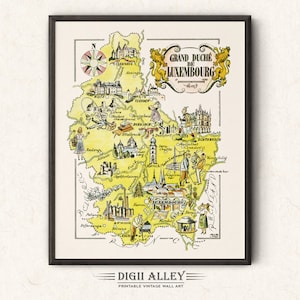 Zabawna mapa Wielkiej Księżnej Luksemburga – cyfrowe pobieranie DO DRUKU Vintage Wall Art Décor Fantastyczna ilustracja z kreskówek Przygoda