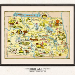 Mapa divertido del estado de Dakota del Norte: descarga digital, imprimible, ilustración pictórica vintage, arte mural de aventuras, decoración, dibujos animados.
