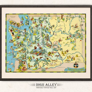 Fun State Karte von Washington - Digital Download DRUCKBARE Vintage Bildliche Alte Illustration Abenteuer Wand Kunst Dekor Cartoon