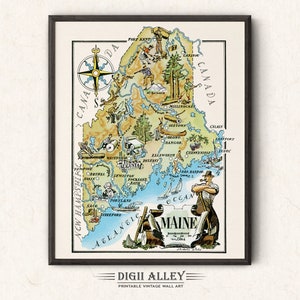 Fun State Map of Maine – Digital Download PRINTABLE Vintage Pictorial Wall Art Décor Whimsical Cartoon Illustration