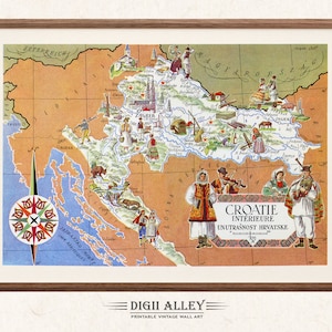 Alte Landkarte von Kroatien - digitaler Download DRUCKBARE Vintage Spaß bildliche Illustration Wand Kunst Dekor Reise Abenteuer Landkarte Europa