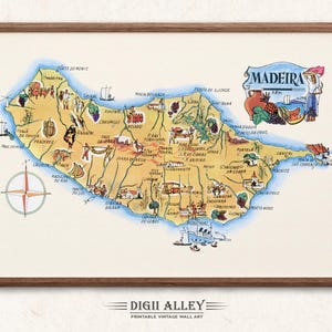 Könnte beinhalten: Vintage Karte der Insel Madeira, Portugal, in einem Holzrahmen. Die farbenfrohe Illustration zeigt die Topographie, Sehenswürdigkeiten und lokalen Aktivitäten der Insel. Eine Windrose und das Wort "Madeira" sind ebenfalls zu sehen.