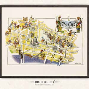Mapa divertido de la ciudad de Londres en Gran Bretaña, Inglaterra, Reino Unido: descarga digital, imprimible, decoración de pared vintage, ilustración, aventura.