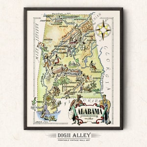 Fun State Karte von Alabama - digitaler Download DRUCKBARE Vintage Bildhafte Wand Kunst Dekor skurrile Cartoon Illustration