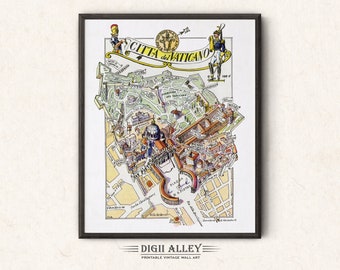Mapa divertido de Italia, Ciudad del Vaticano – Descarga digital, imprimible, ilustración pictórica vintage, arte mural italiano, regalo, mapa de aventuras de viaje.
