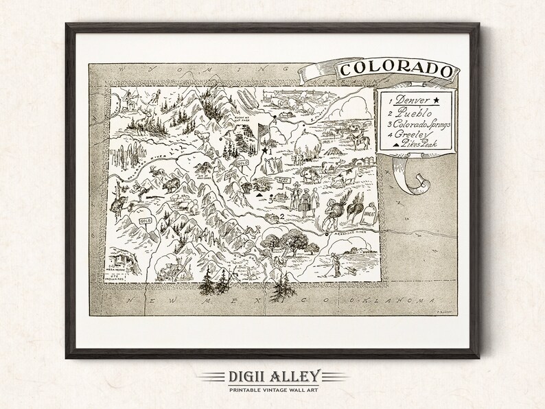 Pictorial State Map of Colorado – Digital Download PRINTABLE Vintage ...