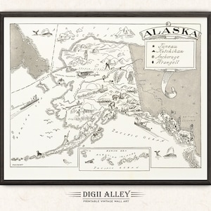 Bildliche Zustand Karte von Alaska - digitaler Download DRUCKBARE Vintage Spaß alte Wand Kunst Dekor skurrile Cartoon Illustration