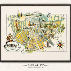 Lustige Karte von Amsterdam, Niederlande - Digital Download DRUCKBARE Vintage Wand Kunst Dekor Skurrile Cartoon Illustration Abenteuer
