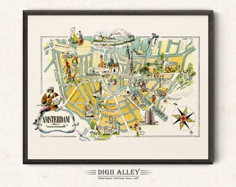 Mapa divertido de Amsterdã, Holanda – Download digital IMPRIMÍVEL Arte de parede vintage Ilustração de desenho animado caprichosa Aventura