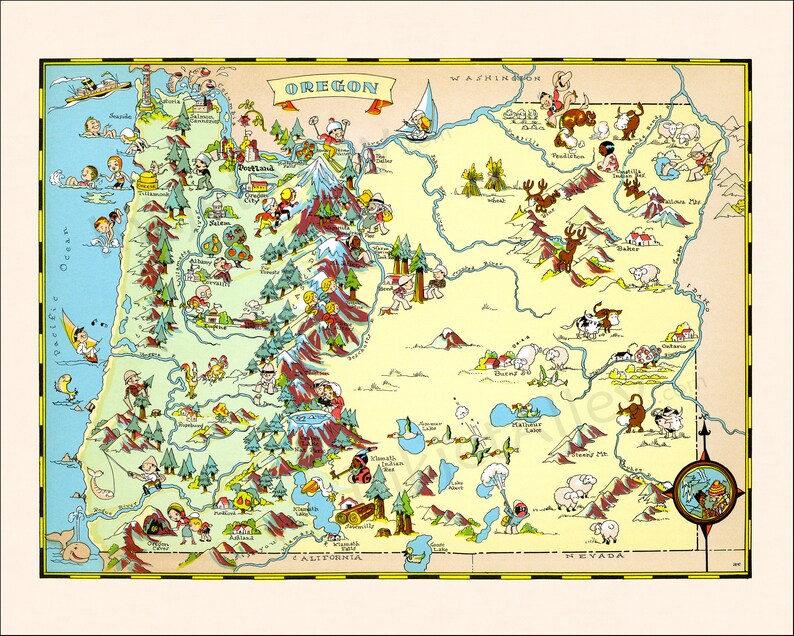 Fun State Map of Oregon Digital Download PRINTABLE Vintage Pictorial ...