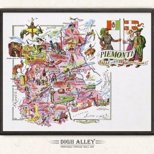 Fun Map of Italy Piedmont – Digital Download PRINTABLE Vintage Pictorial Old Illustration Italian Wall Art Gift Travel Adventure Map