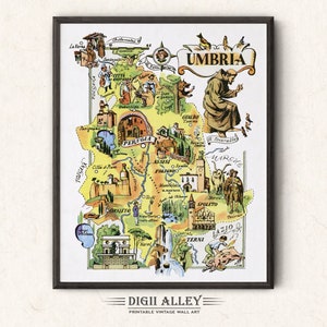 Lustige Karte von Italien Umbrien - digitaler Download DRUCKBARE Vintage bildliche alte Illustration Italienische Wandkunst Geschenk Reise Abenteuer Karte
