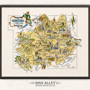Lustige Karte der Midlands in Großbritannien, England, UK - Digitaler Download DRUCKBARE Vintage alte Wand-Kunst-Dekor-Illustrations-Abenteuer