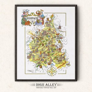 Mapa divertido de Champagne, provincia francesa (Francia): descarga digital, ilustración pictórica vintage imprimible, decoración de pared de aventura.