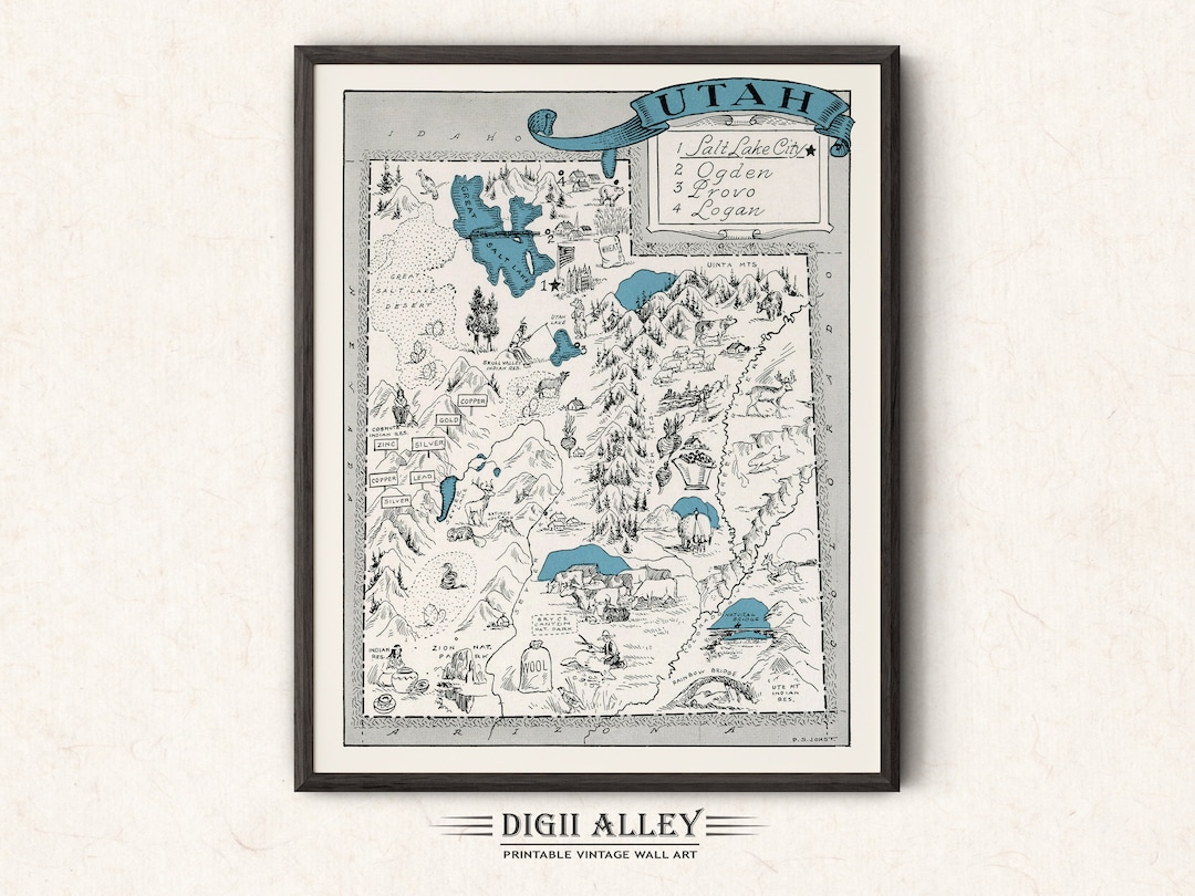 Pictorial Map of Utah – Digital Download PRINTABLE Vintage Fun Old Wall ...