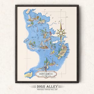 Spaß Karte der Dodekanes griechischen Inseln - digitaler Download DRUCKBARE Vintage bildliche Illustration Wand Kunst Dekor Reise Abenteuer Karte