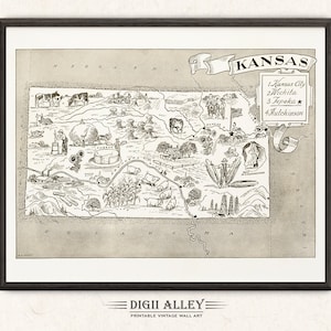 Carte picturale de l'État du Kansas - Décoration vintage amusante, vintage, imprimable, art mural, Illustration de dessin animé lunatique