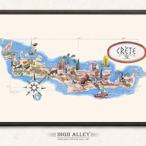 Lustige Karte von Crete, eine griechische Insel, Karte - digitaler Download DRUCKBARE Vintage lustige bildhafte Illustration Wand-Kunst-Dekor-Reise-Abenteuer-Karte