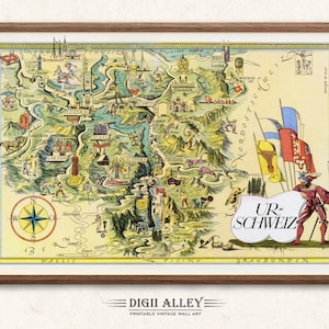 May include: A vintage illustrated map of Switzerland with a cartoon-like style. The map features various cities and towns, including Zurich, Bern, and Geneva. The map is surrounded by a wooden frame and includes the text "UR-SCHWEIZ" in the lower right corner.